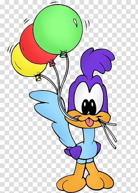 A cartoon roadrunner with purple crest and blue wings holds three colorful balloons-green, red, and yellow-against a transparent background.