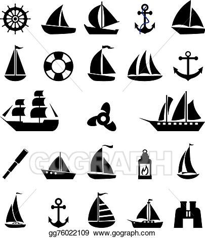 Collection of black-and-white nautical icons including sailboats, anchors, lifebuoys, ship wheels, and binoculars.