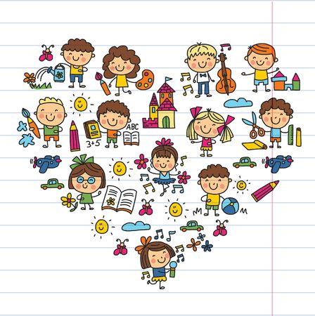 Heart-shaped doodle of diverse children engaged in creative, educational, and playful activities on lined paper.