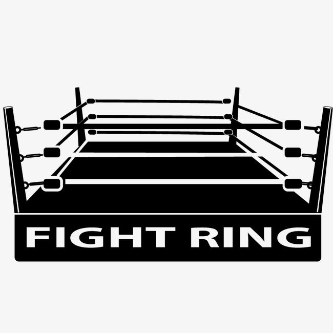 Black-and-white illustration of a boxing or wrestling ring with ropes and corner posts, labeled "FIGHT RING" below.