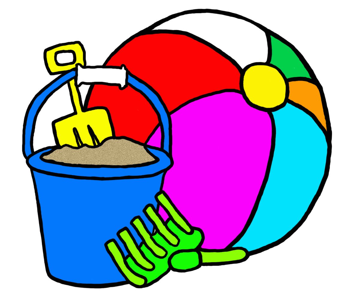 Colorful beach ball, blue sand bucket with yellow shovel, and green rake-classic summer beach toys illustration.