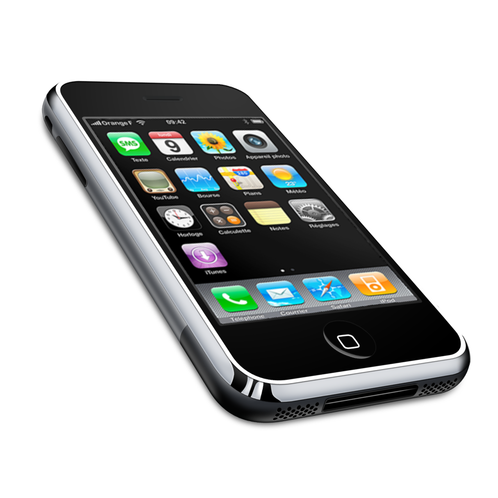 Classic iPhone 3G with iOS home screen showing French app labels and Orange F carrier.