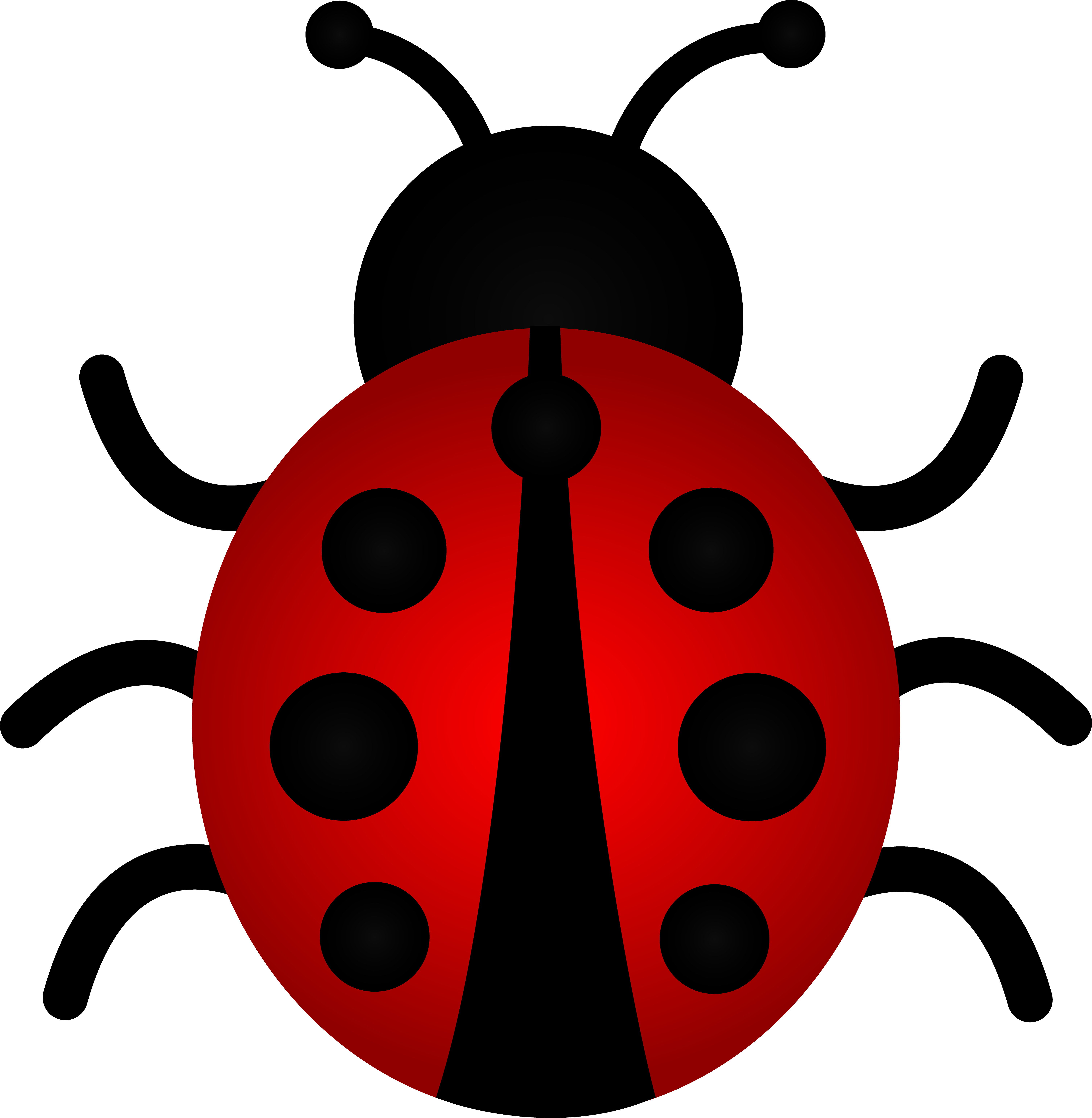 Stylized red ladybug with black spots and segmented antennae on black background.