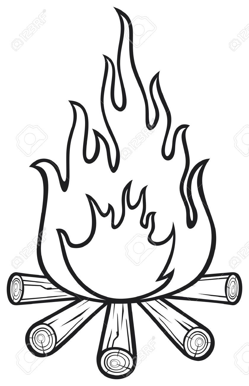 Black-and-white line drawing of a campfire with five logs arranged in a star pattern and stylized flames rising upward.
