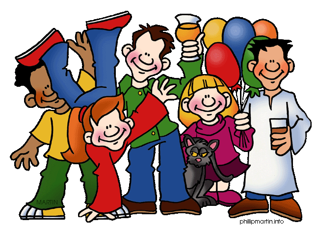 A cheerful group of diverse cartoon children and adults celebrating with balloons, drinks, and a black cat.