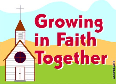 Illustration of a white church with steeple and cross, set against hills and sky, with text "Growing in Faith Together".