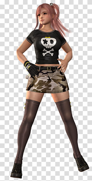 Anime-style female character with pink hair, skull-print shirt, camo skirt, and thigh-high stockings posing confidently.