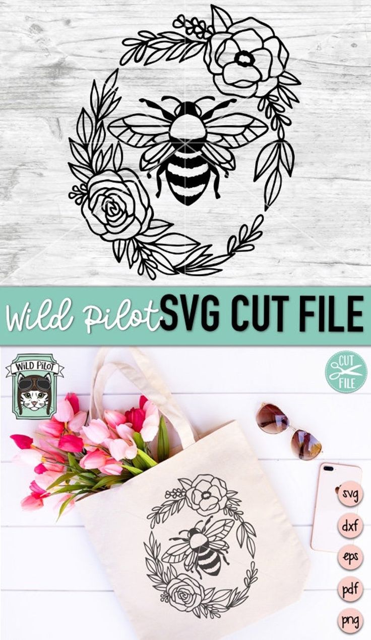 Floral wreath SVG design with bee at center, shown on tote bag and as digital cut file.
