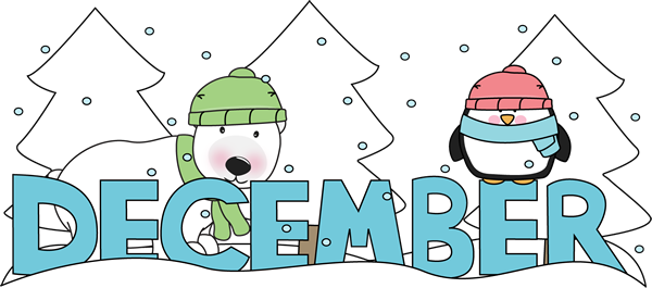 Winter-themed illustration of a polar bear and penguin in snow with "DECEMBER" text and pine trees.