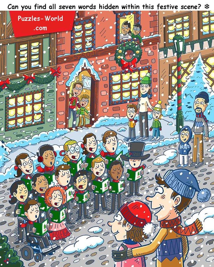 A festive winter street scene with carolers, snowfall, decorated buildings, and hidden words puzzle from Puzzles-World.com.
