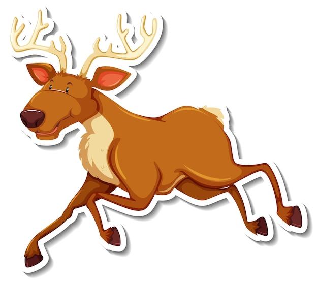 Cartoon deer with large antlers running joyfully, illustrated as a sticker with white border.