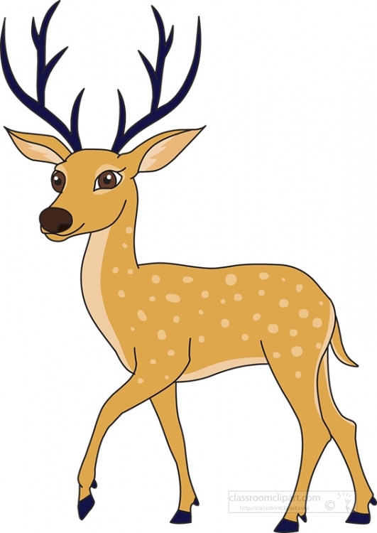 Cartoon illustration of a spotted deer with large antlers, walking sideways on white background.