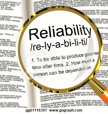 Magnifying glass highlighting the dictionary definition of "Reliability" over printed text.