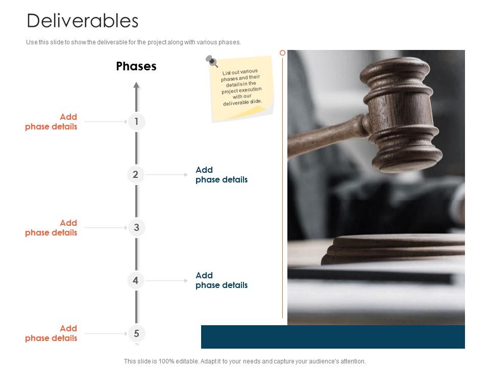 Project deliverables timeline with 5 editable phases and a judge’s gavel symbolizing legal or formal review.