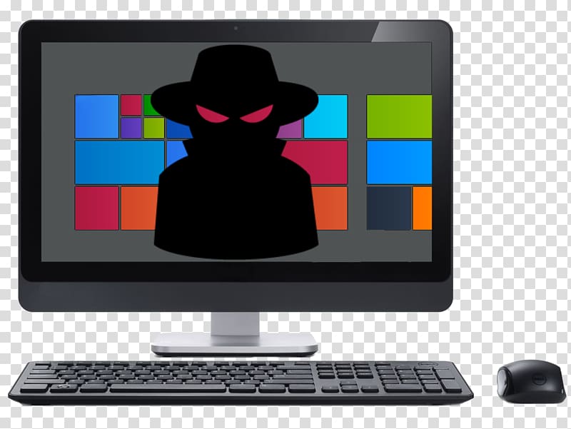 Silhouette of a hacker in a fedora with glowing red eyes on a desktop monitor displaying Windows tiles, keyboard and mouse beside it.
