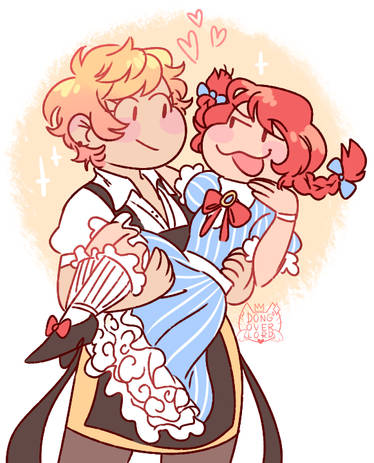 A cheerful blonde man carries a smiling red-haired girl in a blue dress, surrounded by hearts and sparkles in a warm, romantic illustration.