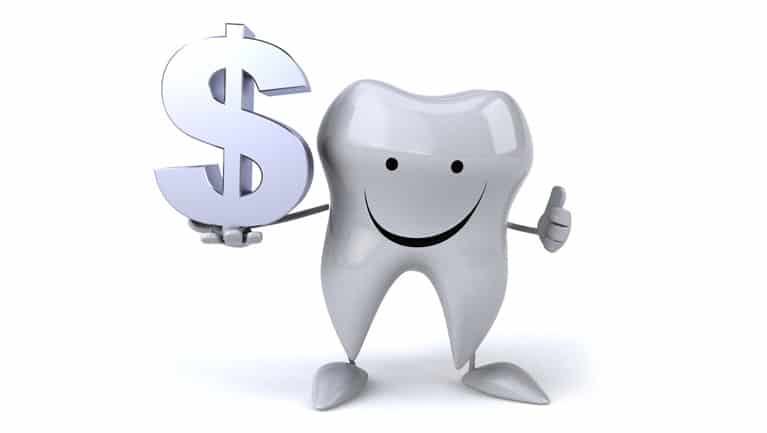 Smiling cartoon tooth holding a dollar sign and giving a thumbs-up gesture.