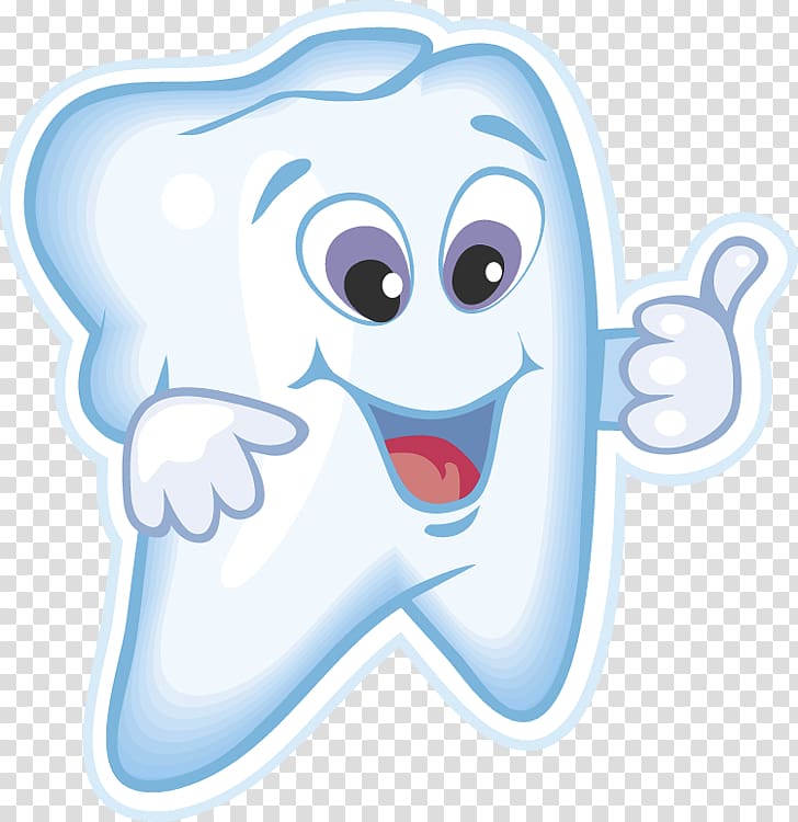 Friendly cartoon tooth character giving thumbs-up and pointing, promoting dental health and hygiene.