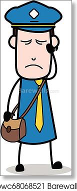 Sad cartoon security guard in blue uniform with headset and satchel, looking tired or frustrated.