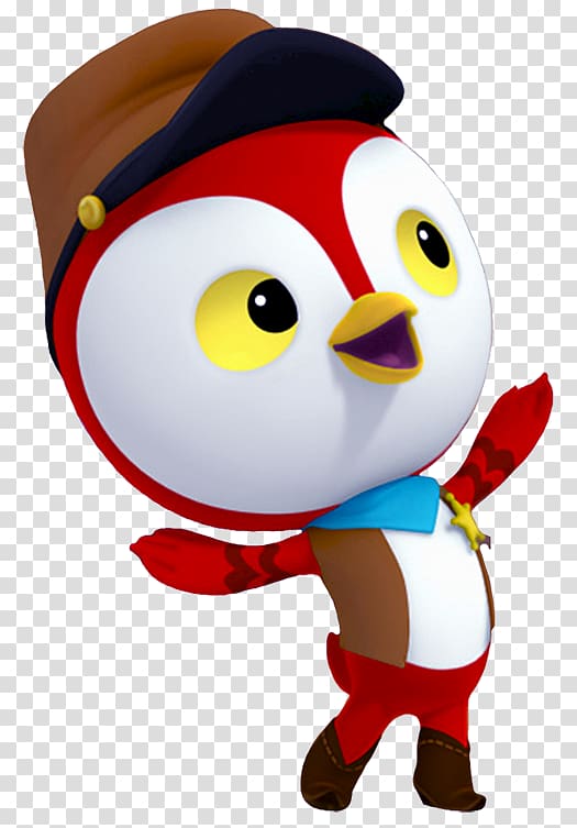 A cheerful cartoon penguin wearing a brown cowboy hat, blue scarf, red outfit, and brown boots, waving with one wing.