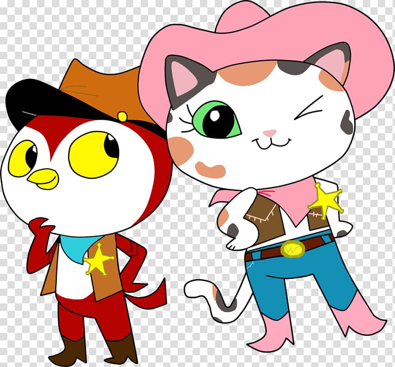 Two cartoon animal characters in cowboy outfits: a red owl and a calico cat with pink hat and sheriff star.