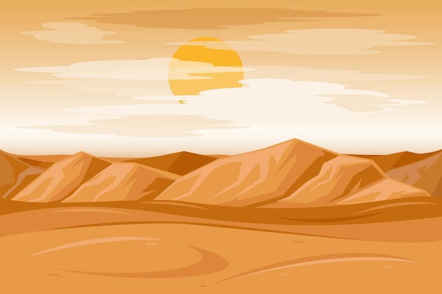 Warm desert landscape at sunset with rolling sand dunes and a golden sun partially hidden by clouds.