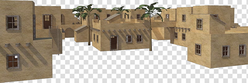 Adobe-style desert village with sand-colored buildings, palm trees, and arched doorways on transparent background.