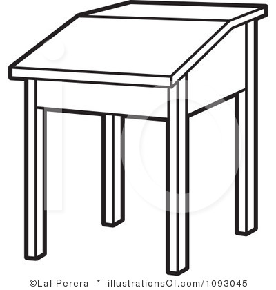 Simple line drawing of a four-legged wooden drafting table with angled top surface.