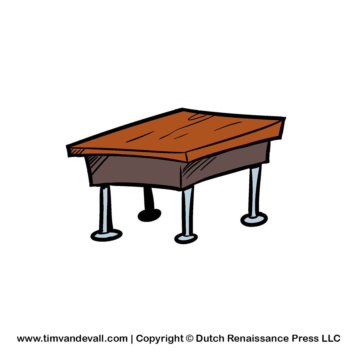 Cartoon-style wooden table with four metal legs, one leg shorter causing tilt.