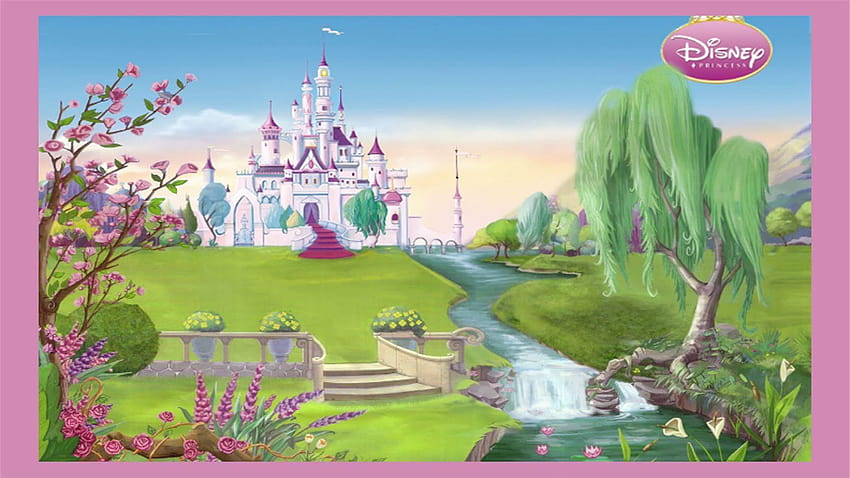 A magical Disney Princess castle surrounded by blooming gardens, a winding river, and willow trees under a pastel sky.
