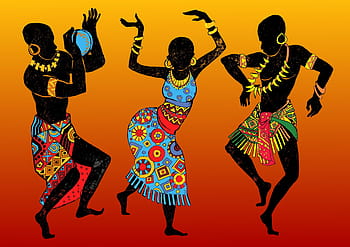 Three stylized African dancers in vibrant traditional attire performing against a warm gradient background.