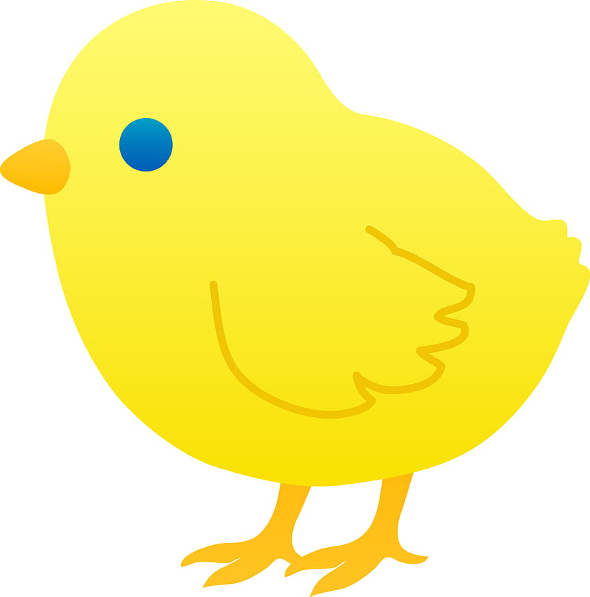 Bright yellow cartoon chick with blue eye, orange beak and feet, smiling and standing upright.