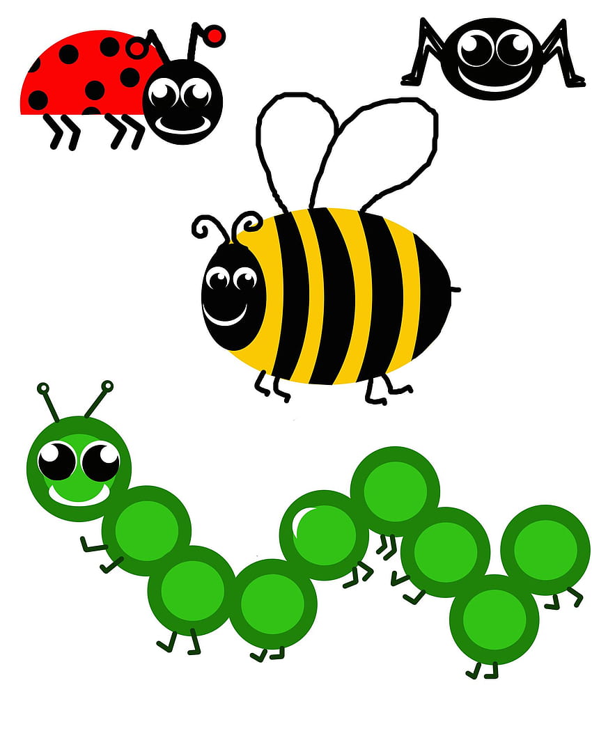 Cartoon illustrations of a ladybug, bee, spider, and caterpillar with smiling faces on a white background.