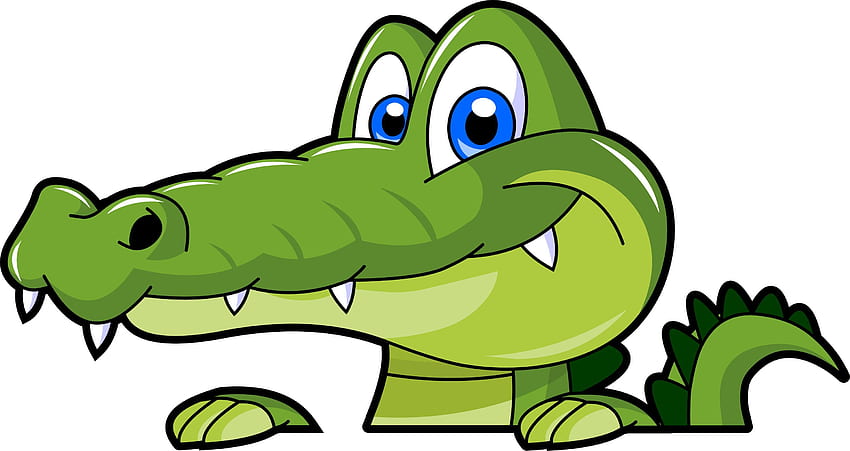 Friendly cartoon green alligator with big blue eyes and a smiling expression, showing sharp teeth and front claws.