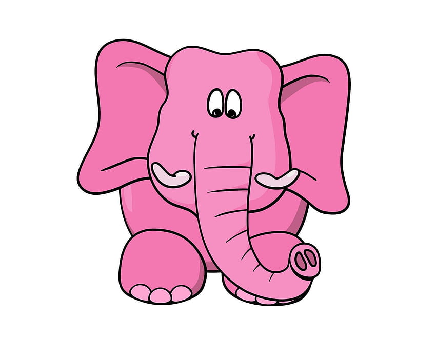 Cute pink cartoon elephant sitting with large ears, trunk curled, and friendly eyes.
