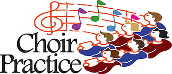 Illustration of children singing in a choir with colorful musical notes and staff lines above them, labeled "Choir Practice".