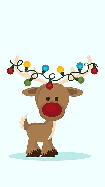 Festive cartoon reindeer with colorful Christmas lights wrapped around antlers and a bright red nose.