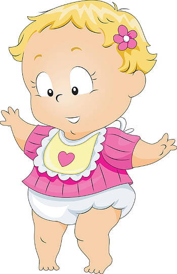 Cheerful cartoon baby girl with blonde hair, pink outfit, and flower clip, standing with open arms.
