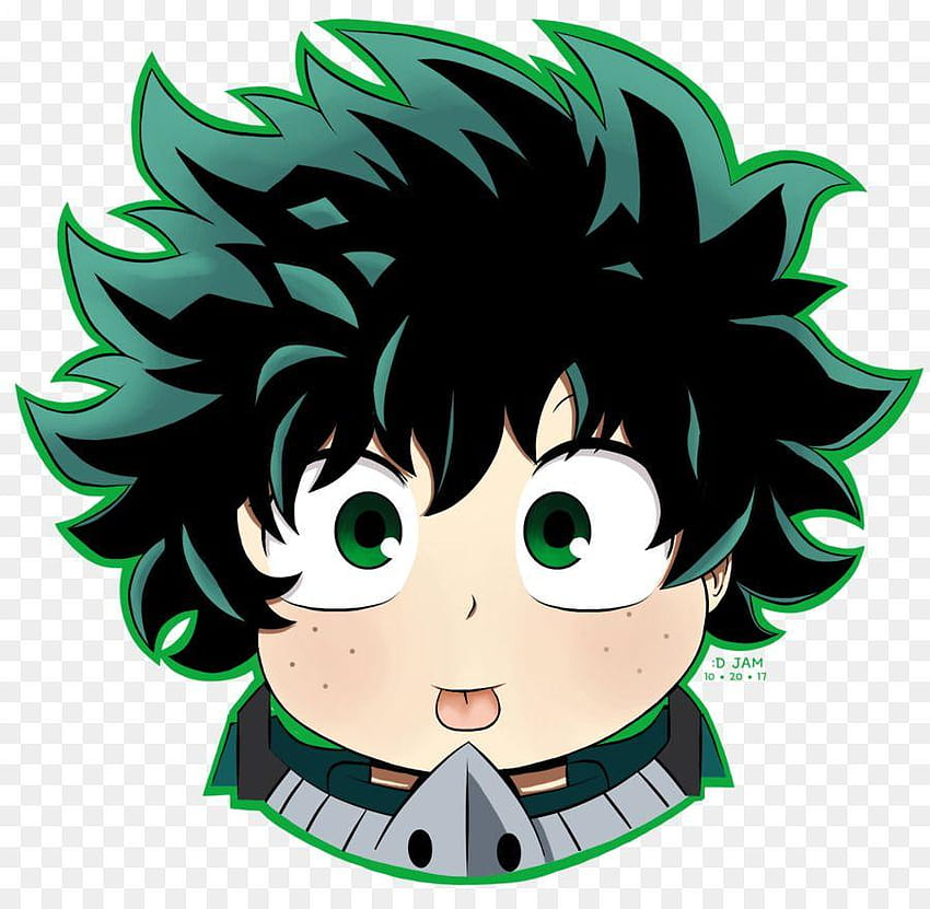 Chibi-style illustration of Izuku Midoriya (Deku) from My Hero Academia with spiky green-black hair and wide green eyes.