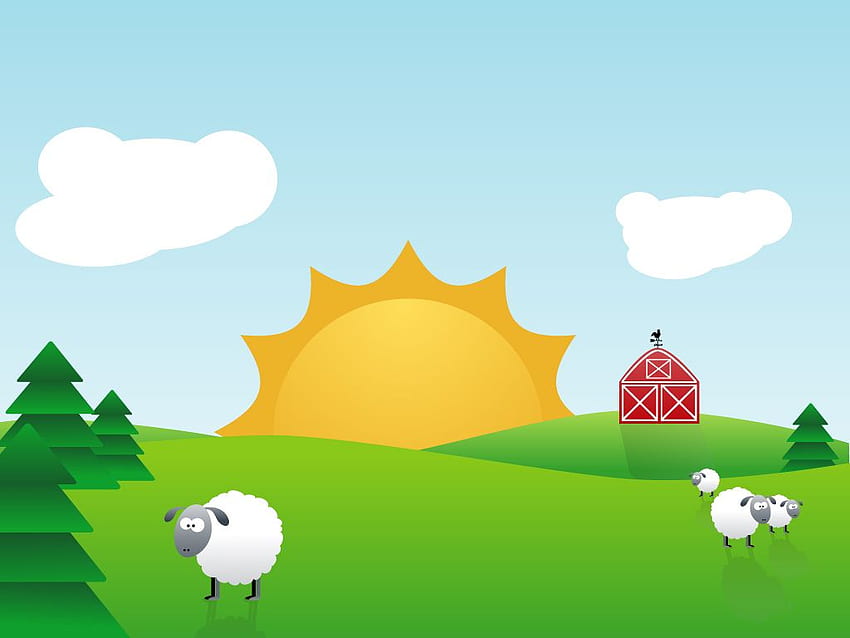 Sunny farm scene with green hills, red barn, fluffy white sheep, pine trees, and a bright yellow sun in a blue sky.