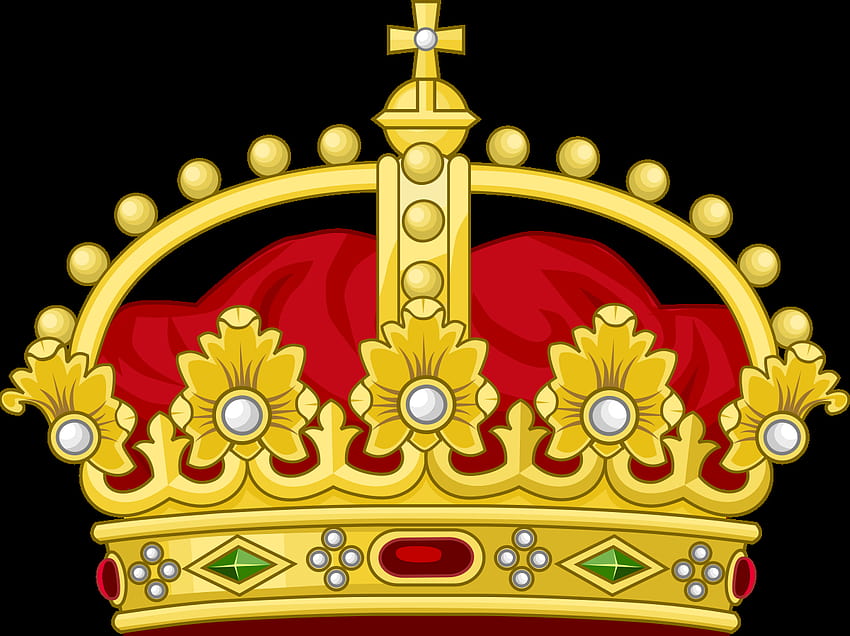 Golden royal crown with red velvet cap, pearls, gemstones, and a cross finial.