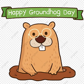 Cute cartoon groundhog wearing glasses, popping out of a burrow under a "Happy Groundhog Day" banner.