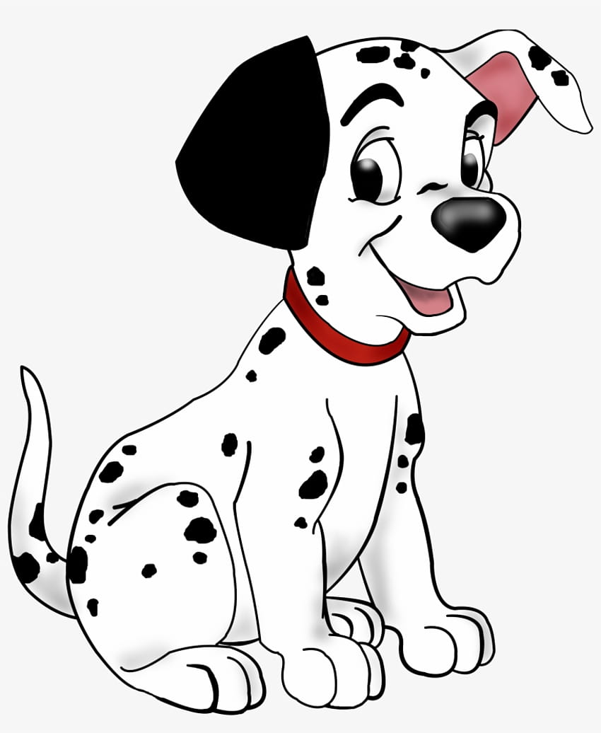 Cheerful cartoon Dalmatian puppy with black spots, red collar, and happy expression, sitting upright.