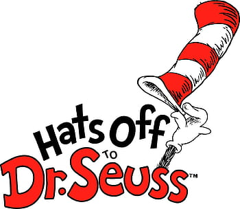 Dr. Seuss's iconic red-and-white striped hat with "Hats Off to Dr. Seuss" text.