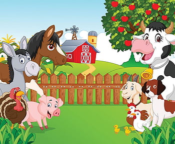 Cartoon farm scene with cow, horse, pig, donkey, turkey, dog, chickens, red barn, windmill, and apple tree behind wooden fence.