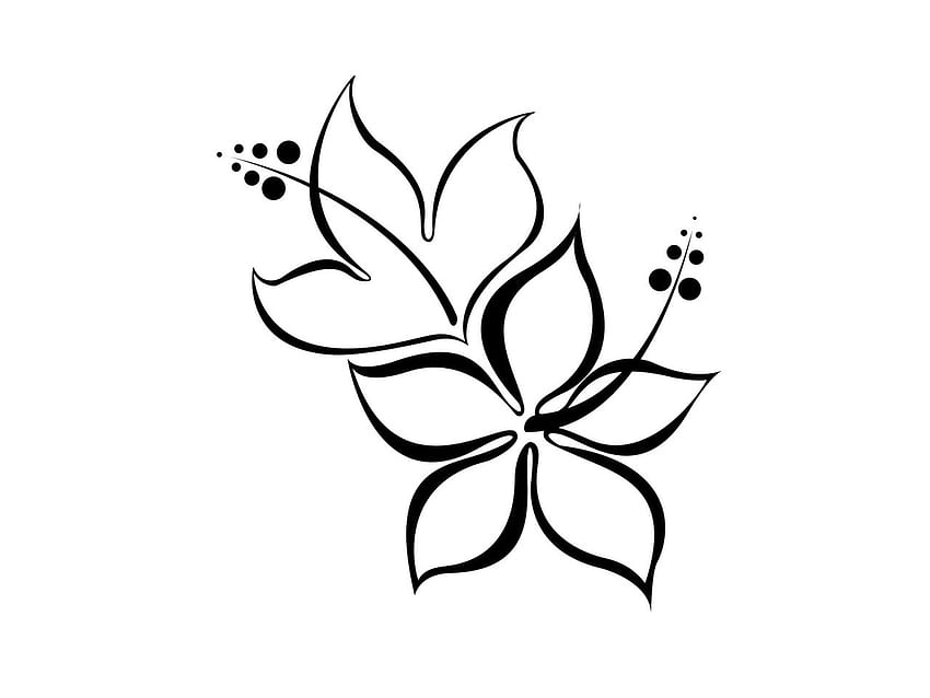 Stylized black-and-white floral line art with five petals and decorative dot clusters on slender stems.