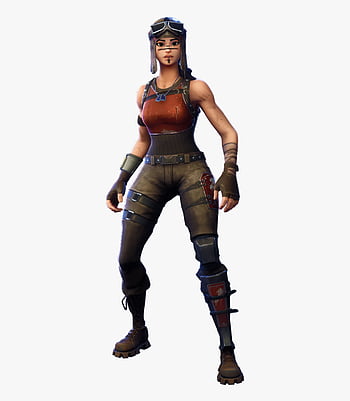 Female Fortnite character in tactical gear with goggles, red top, and utility pants, standing confidently.
