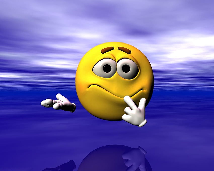 Yellow 3D emoji with skeptical expression, raised eyebrow, hand on chin, against a blue-purple gradient background.