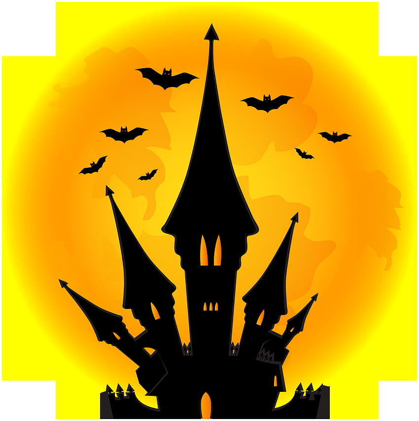 Silhouetted haunted castle with pointed spires against a glowing orange sunset, surrounded by flying bats.