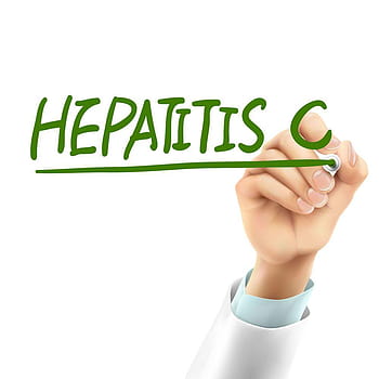 A hand in a white lab coat writes "HEPATITIS C" in green marker on a transparent surface.